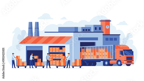 Industrial scene of workers in a warehouse loading cardboard boxes onto an orange delivery truck for shipping and logistics.