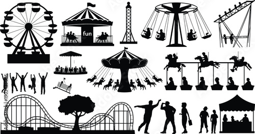 Amusement park ride silhouettes set featuring ferris wheel, carousel, swing ride, roller coaster, pirate ship, funfair attractions, people enjoying carnival entertainment icons vector illustration