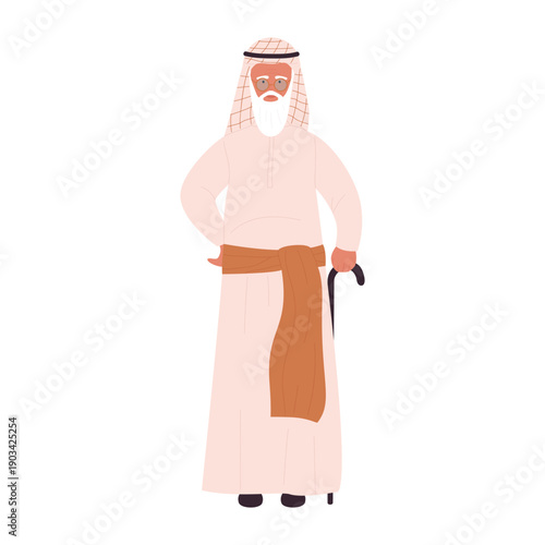Muslim senior man standing with walking cane, old grandfather with beard in traditional robe vector illustration