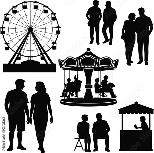 Amusement Park Silhouettes Collection Featuring Ferris Wheel, Carousel, Couples, Friends, Vendors, and Visitors Outdoor Entertainment Concept Isolated on White Background