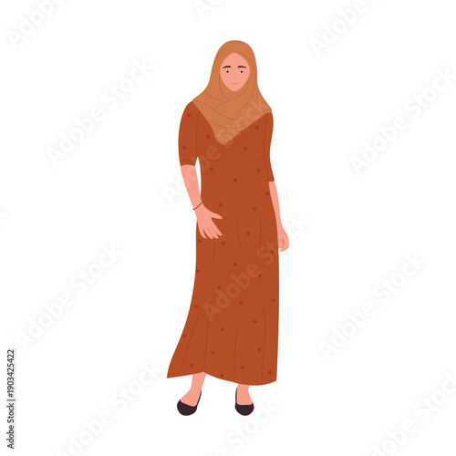 Arab businesswoman standing, Muslim woman in hijab and modern fashion red dress vector illustration