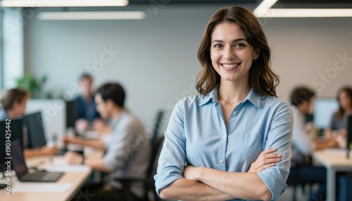 Wallpaper Mural Professional businesswoman smiling in modern office environment team collaboration inspirational workplace engaging atmosphere Torontodigital.ca