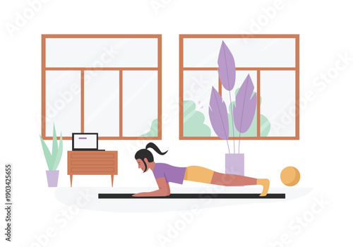 Girl doing plank pose. Home sport, fitness exercising, healthy lifestyle flat vector illustration