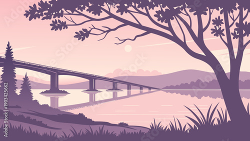 Minimal Lake Sunset Bridge Vector 