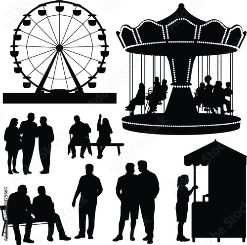 Black silhouette illustration of people enjoying amusement park attractions with ferris wheel, carousel ride, crowd gathering, leisure activities, festival atmosphere, and outdoor entertainment 