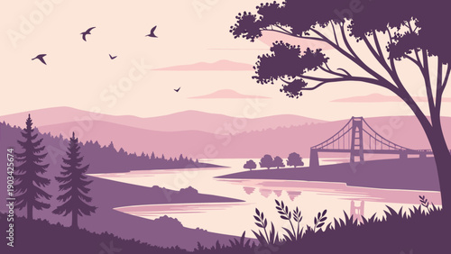 Minimal Lake Sunset Bridge Vector 