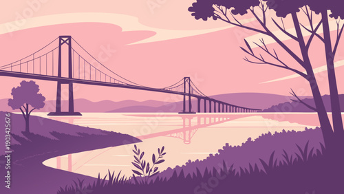 Minimal Lake Sunset Bridge Vector 
