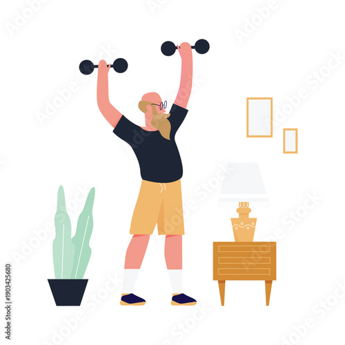 Senior man with dumbbells. Home sport, fitness exercising, healthy lifestyle flat vector illustration