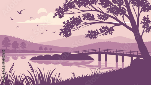Minimal Lake Sunset Bridge Vector 