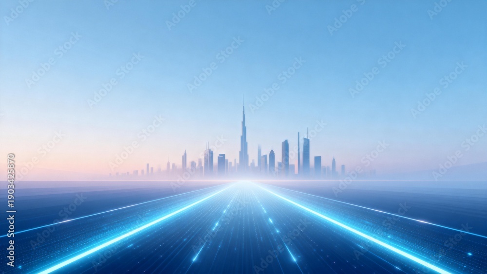 Fototapeta premium Futuristic cityscape with glowing light trails