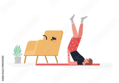 Young boy in yoga pose. Home sport, fitness exercising, healthy lifestyle flat vector illustration