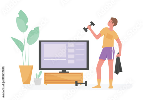 Young boy doing fitness online program. Home sport, fitness exercising, healthy lifestyle flat vector illustration