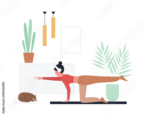 Young girl in yoga pose. Home sport, fitness exercising, healthy lifestyle flat vector illustration