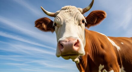 Close up portrait of a funny cow looking at camera under blue sky. Wide angle farm animal photography with humorous expression and rural countryside atmosphere
