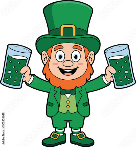 Cheerful leprechaun mascot holding beer mugs celebrating Saint Patrick’s Day festival, Irish pub culture, cartoon character illustration isolated on white background vector