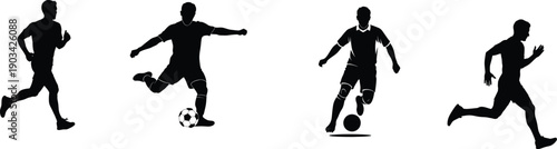 Silhouette of four soccer players in various poses on a white background