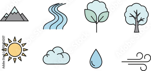 Pastel nature icons set with leaf, water droplet, wind, and tree design