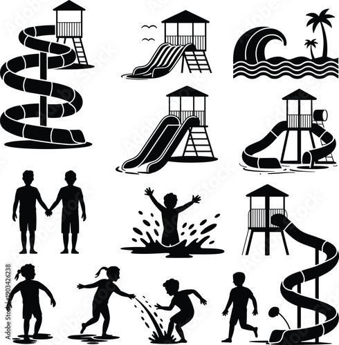 Children playground silhouettes set with slides, water slides, splash activities and kids playing outdoors, summer park recreation icons isolated on white background