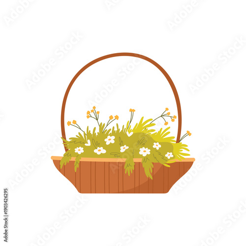Basket with wild flowers. Flower market, florist shop, flower bouquets cartoon vector illustration
