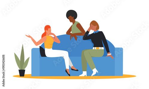 Friends relaxing on sofa and talking. Friendship people, spending time together flat vector illustration