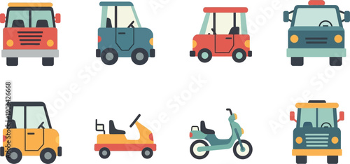 Cartoon vehicle icon set with compact cars, scooter, golf cart, and small truck in playful colorful design