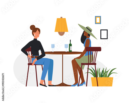 Female friends in cafe drinking wine. True friendship, having fun together, female friendship flat vector illustration