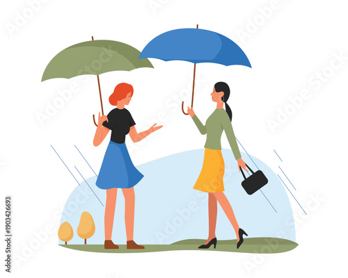 Female friends with umbrellas. Outdoor walking, having fun together, female friendship flat vector illustration