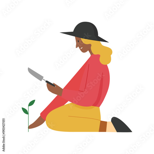 Gardener girl cutting plant. Planting flowers, farming hobby flat vector illustration