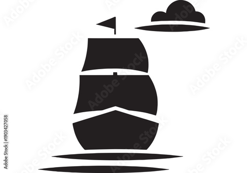Ship sailing icon with minimalist black silhouette, simple flat vector style boat with flag and cloud, nautical travel concept for logo, app UI, and web design