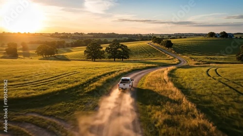 Aerial view shows a white pickup truck driving down a dirt road through a rural landscape at sunset.