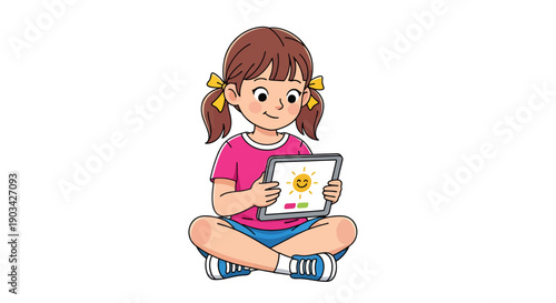 Young Girl Sitting Cross-legged Holding Tablet with Drawing of Smiling Sun, Vector Illustration for Kids Education and Digital Art