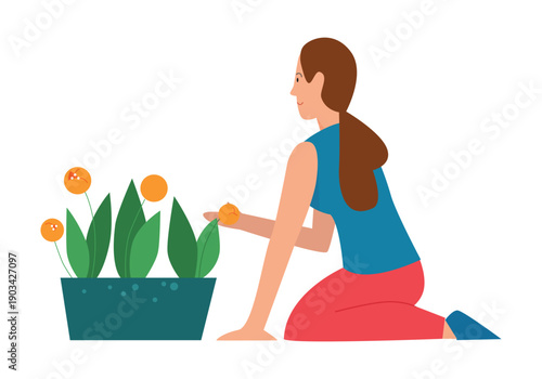 Gardener girl with potted flowers. Planting flowers, farming hobby flat vector illustration