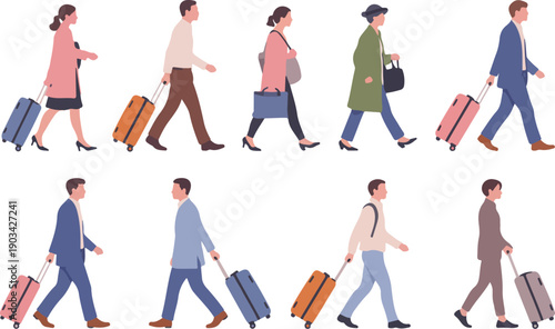Modern Airport Travel Outline Icon Set Walking Passengers, Rolling Luggage, and Mobile Travel
