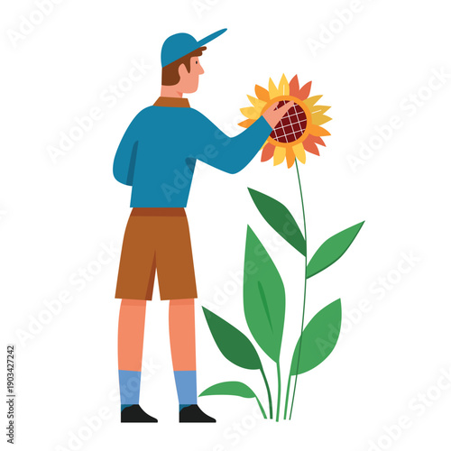Gardener man with sunflower. Gardening flowers, farming hobby flat vector illustration