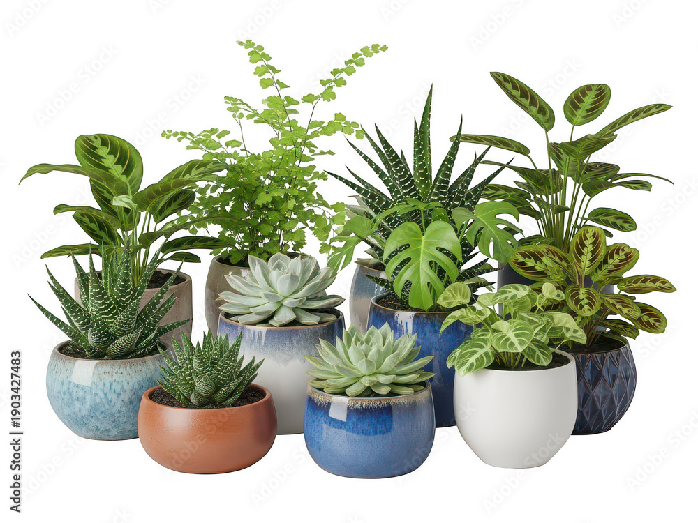 Fototapeta premium Colorful succulent plants in pots isolated on transparent background