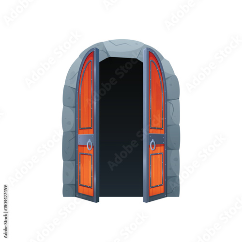 Closing stage of gate to the castle. Medieval wooden gate, old city entrance cartoon vector illustration