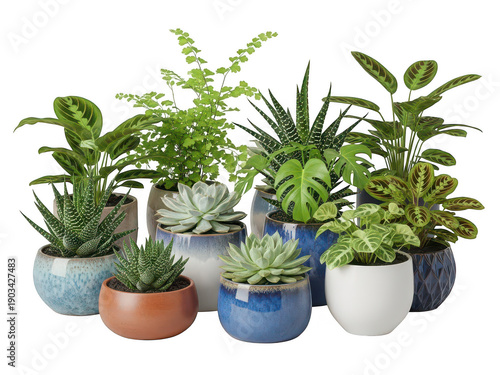 Colorful succulent plants in pots isolated on transparent background