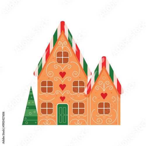 Decorative gingerbread cottage. Traditional Christmas cookie, holiday winter bakery flat vector illustration
