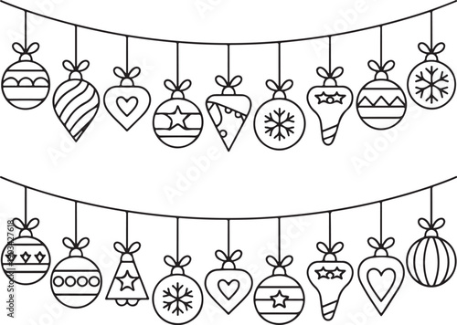 Hand drawn hanging  ornaments garland with baubles and hearts