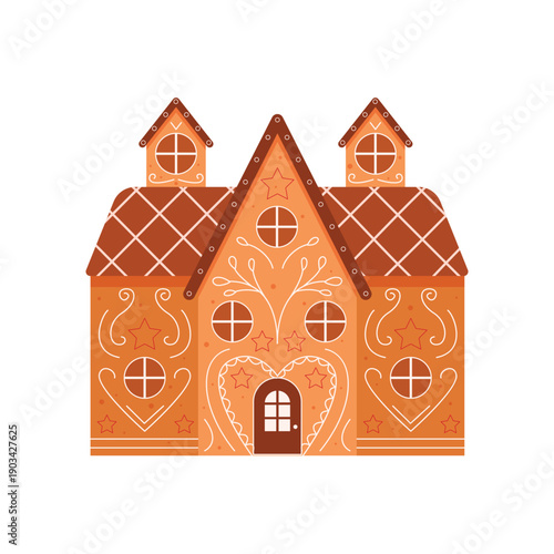 Traditional gingerbread cottage. Traditional Christmas cookie, holiday winter bakery flat vector illustration