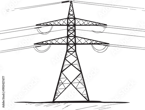 Hand drawn electric power transmission tower with high voltage lines illustration