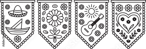 Hand drawn decorative pennant banners with folk patterns and symbols set