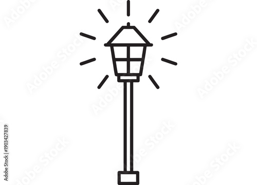 Lamp post street light icon with glowing rays, minimalist black outline pictogram on white background, urban lighting symbol for signage, apps, UI and maps