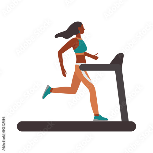 Girl running on treadmill. Girl with sport equipment, fitness gym accessories flat vector illustration