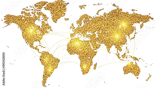 Global business concept illustrated by a sparkling golden world map graphic with interconnected glowing points representing international connections and opportunities set