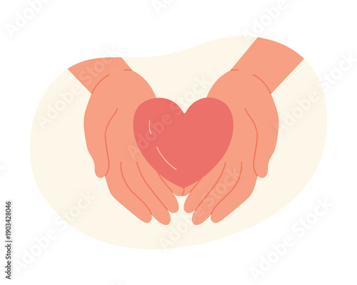 Heart in human hands. Sharing love and care, charity and donation cartoon vector illustration