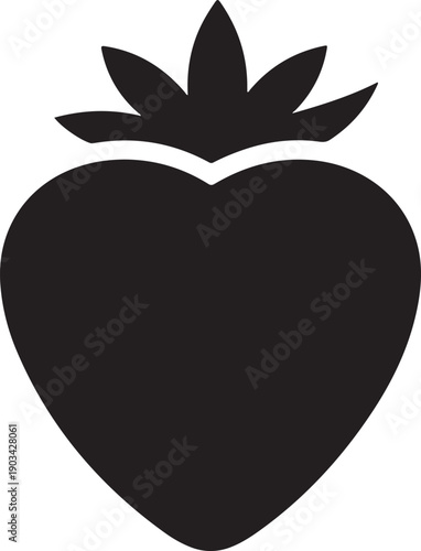 Black silhouette of a heart shaped strawberry with leaves on a white background