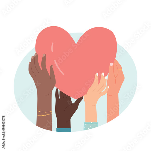 Diverse hands holding one heart. Sharing love and care, charity and support cartoon vector illustration