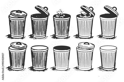Collection of Trash Cans with Various Lid Positions and Contents