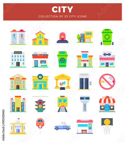 Flat city icons with diverse buildings. vehicles. and signs on white background